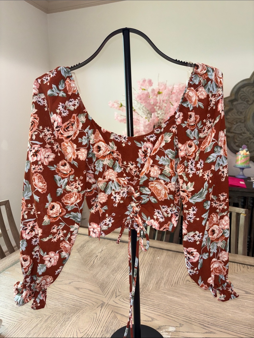 Altar'd State Rust Floral Tie-Front Puff Sleeve Crop Top